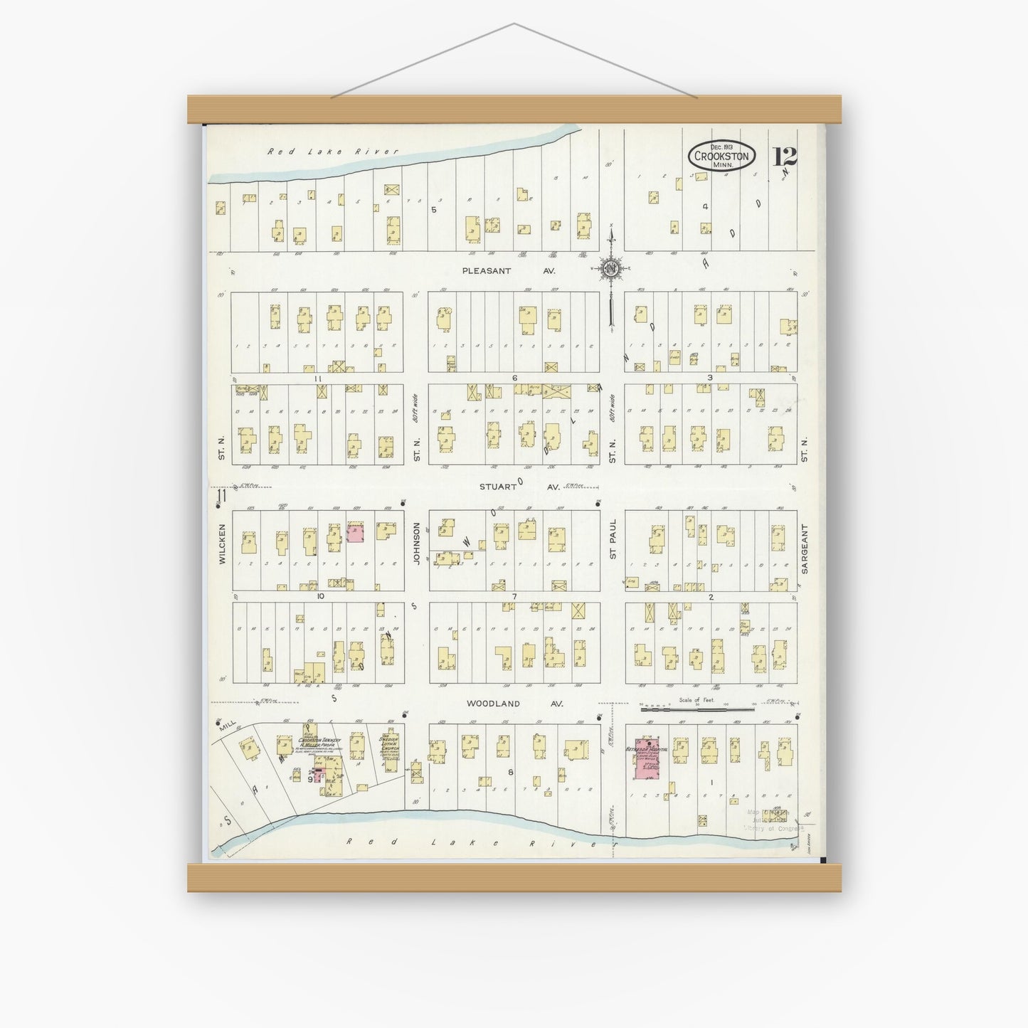 Old map wall art mockup — magnetic wood frame on white wall — Sanborn Fire Insurance Map from Crookston, Polk County, Minnesota (1913), Sheet #0012