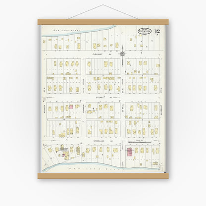 Old map wall art mockup — magnetic wood frame on white wall — Sanborn Fire Insurance Map from Crookston, Polk County, Minnesota (1913), Sheet #0012