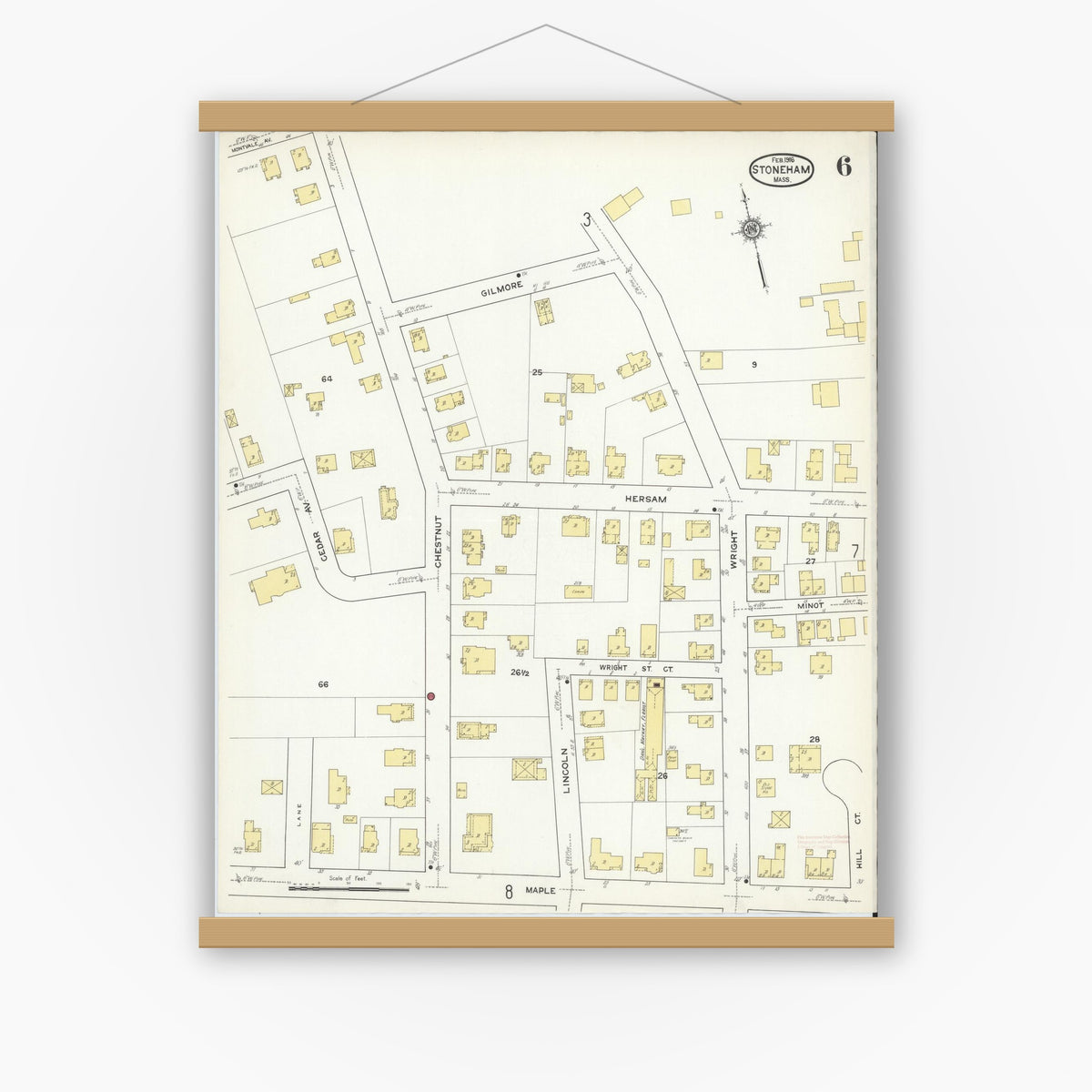 Old map wall art mockup — magnetic wood frame on white wall — Sanborn Fire Insurance Map from Stoneham, Middlesex County, Massachusetts (1916), Sheet #0006