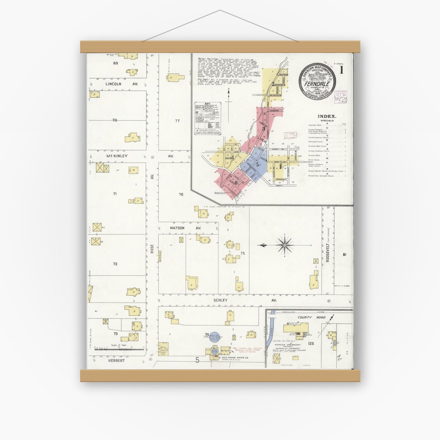 Old map wall art mockup — magnetic wood frame on white wall — Sanborn Fire Insurance Map from Ferndale, Humboldt County, California (1909) - Complete Map Set