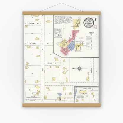 Old map wall art mockup — magnetic wood frame on white wall — Sanborn Fire Insurance Map from Ferndale, Humboldt County, California (1909) - Complete Map Set