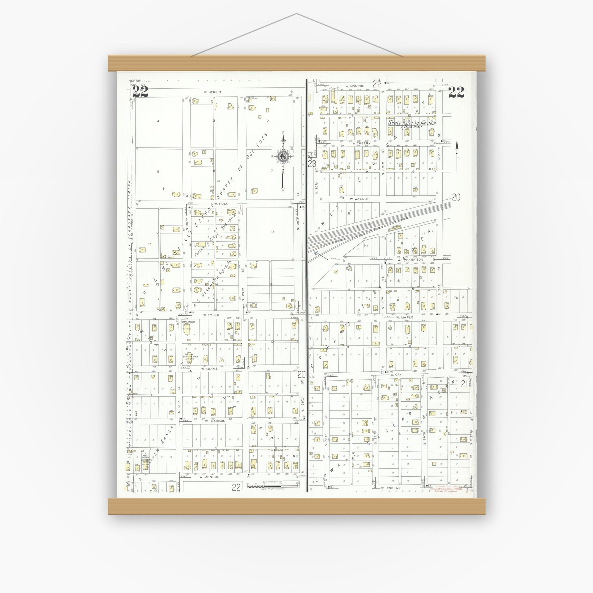 Old map wall art mockup — magnetic wood frame on white wall — Sanborn Fire Insurance Map from Herrin, Williamson County, Illinois (1941), Sheet #0022