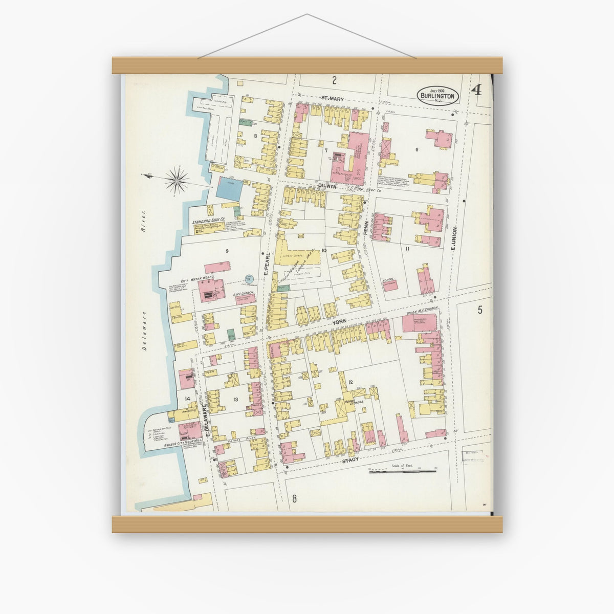 Old map wall art mockup — magnetic wood frame on white wall — Sanborn Fire Insurance Map from Burlington, Burlington County, New Jersey (1902), Sheet #0004