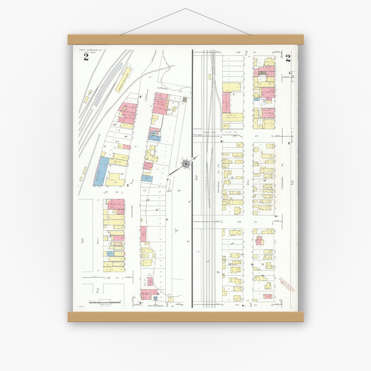 Old map wall art mockup — magnetic wood frame on white wall — Sanborn Fire Insurance Map from East Dubuque, Jo Daviess County, Illinois (1940), Sheet #0002
