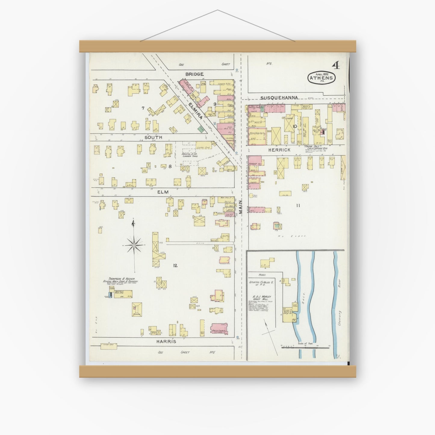 Old map wall art mockup — magnetic wood frame on white wall — Sanborn Fire Insurance Map from Athens, Bradford County, Pennsylvania (1892), Sheet #0004
