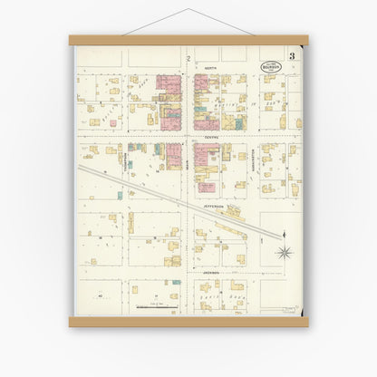 Old map wall art mockup — magnetic wood frame on white wall — Sanborn Fire Insurance Map from Bourbon, Marshall County, Indiana (1905), Sheet #0003