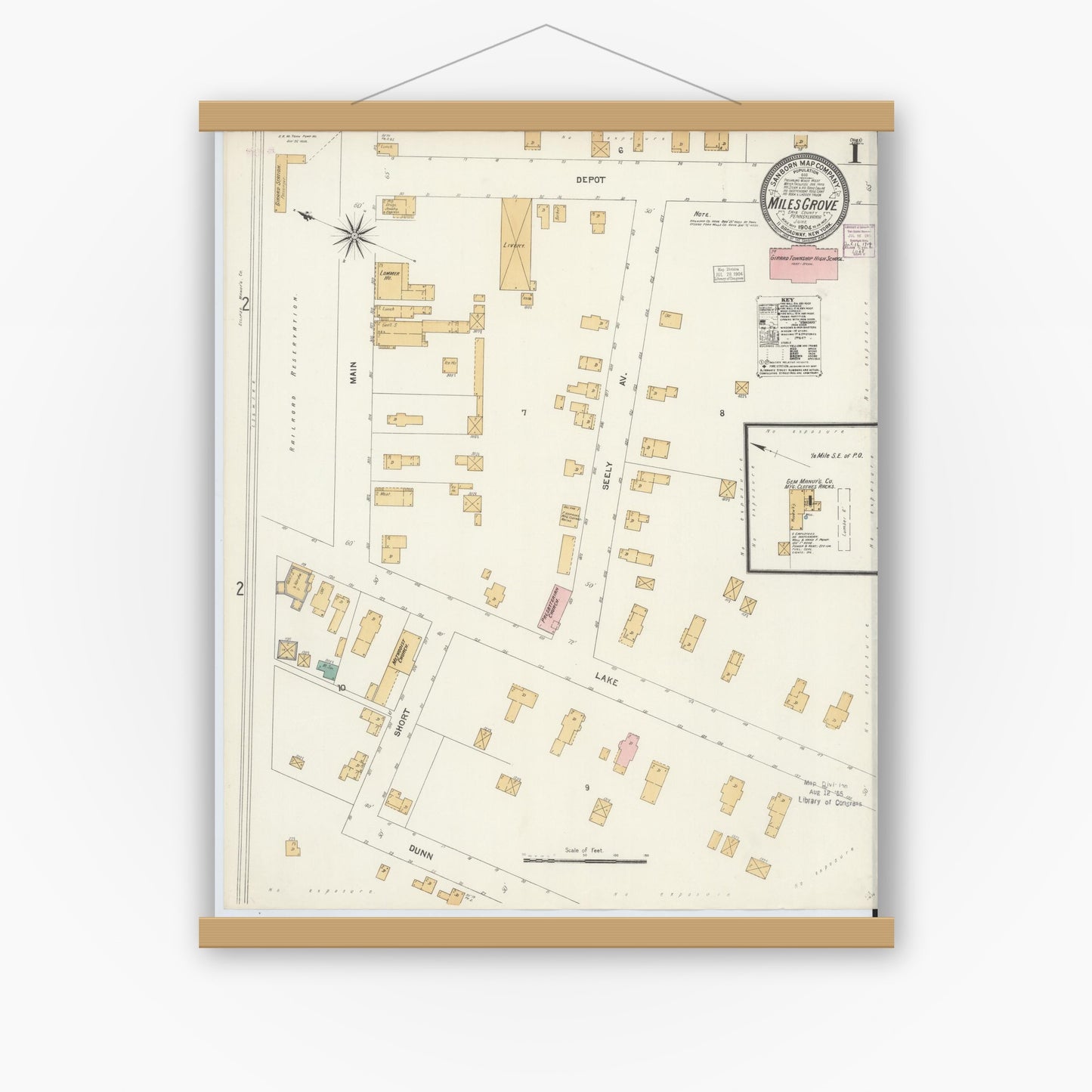 Old map wall art mockup — magnetic wood frame on white wall — Sanborn Fire Insurance Map from Miles Grove, Erie County, Pennsylvania (1904) - Complete Map Set