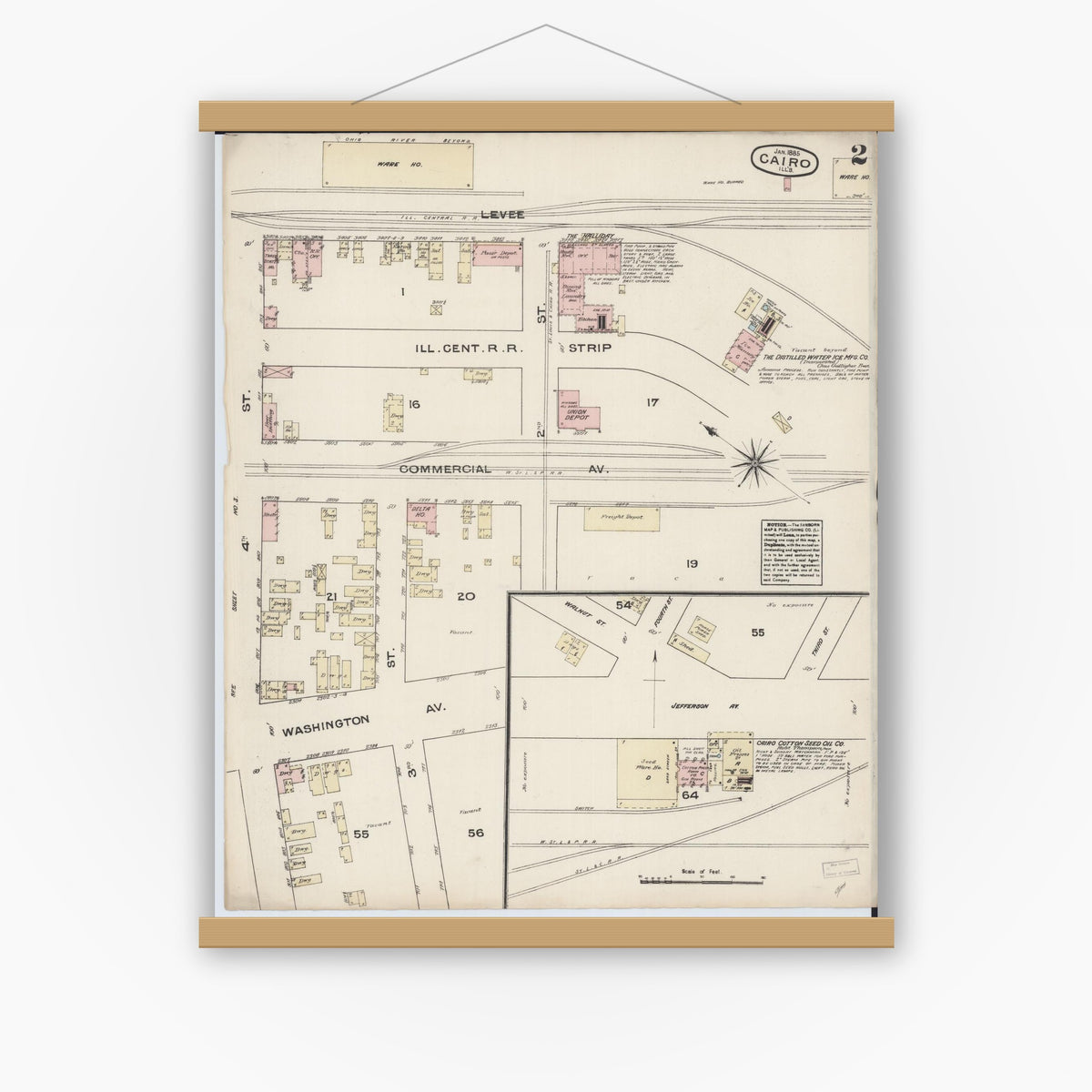 Old map wall art mockup — magnetic wood frame on white wall — Sanborn Fire Insurance Map from Cairo, Alexander County, Illinois (1885), Sheet #0002