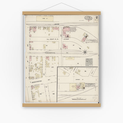 Old map wall art mockup — magnetic wood frame on white wall — Sanborn Fire Insurance Map from Cairo, Alexander County, Illinois (1885), Sheet #0002