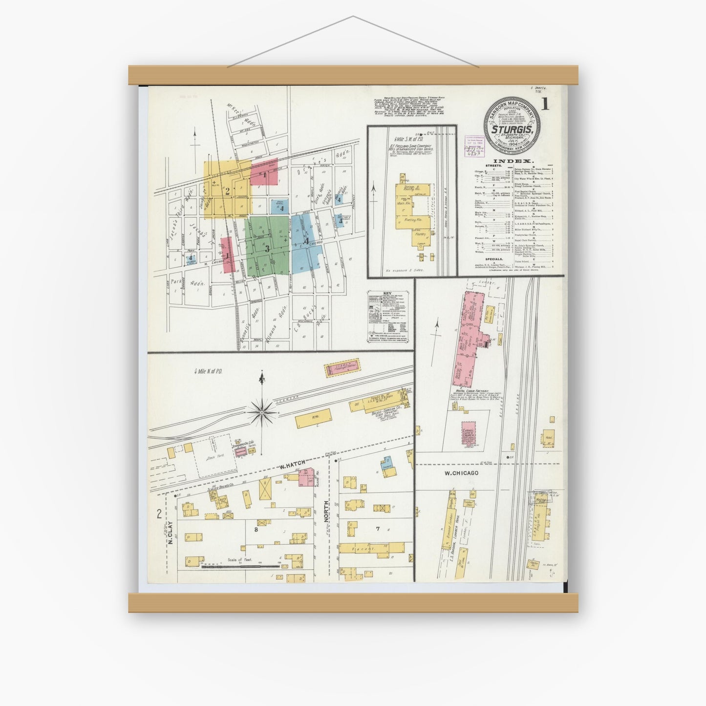 Old map wall art mockup — magnetic wood frame on white wall — Sanborn Fire Insurance Map from Sturgis, Saint Joseph County, Michigan (1904), Sheet #0001