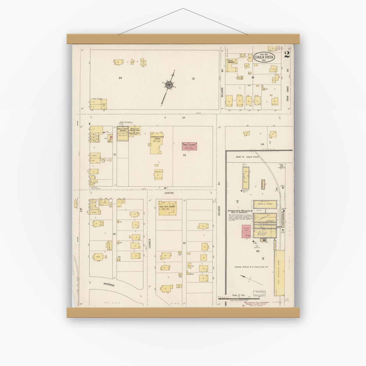 Old map wall art mockup — magnetic wood frame on white wall — Sanborn Fire Insurance Map from Chula Vista, San Diego County, California (1918), Sheet #0002