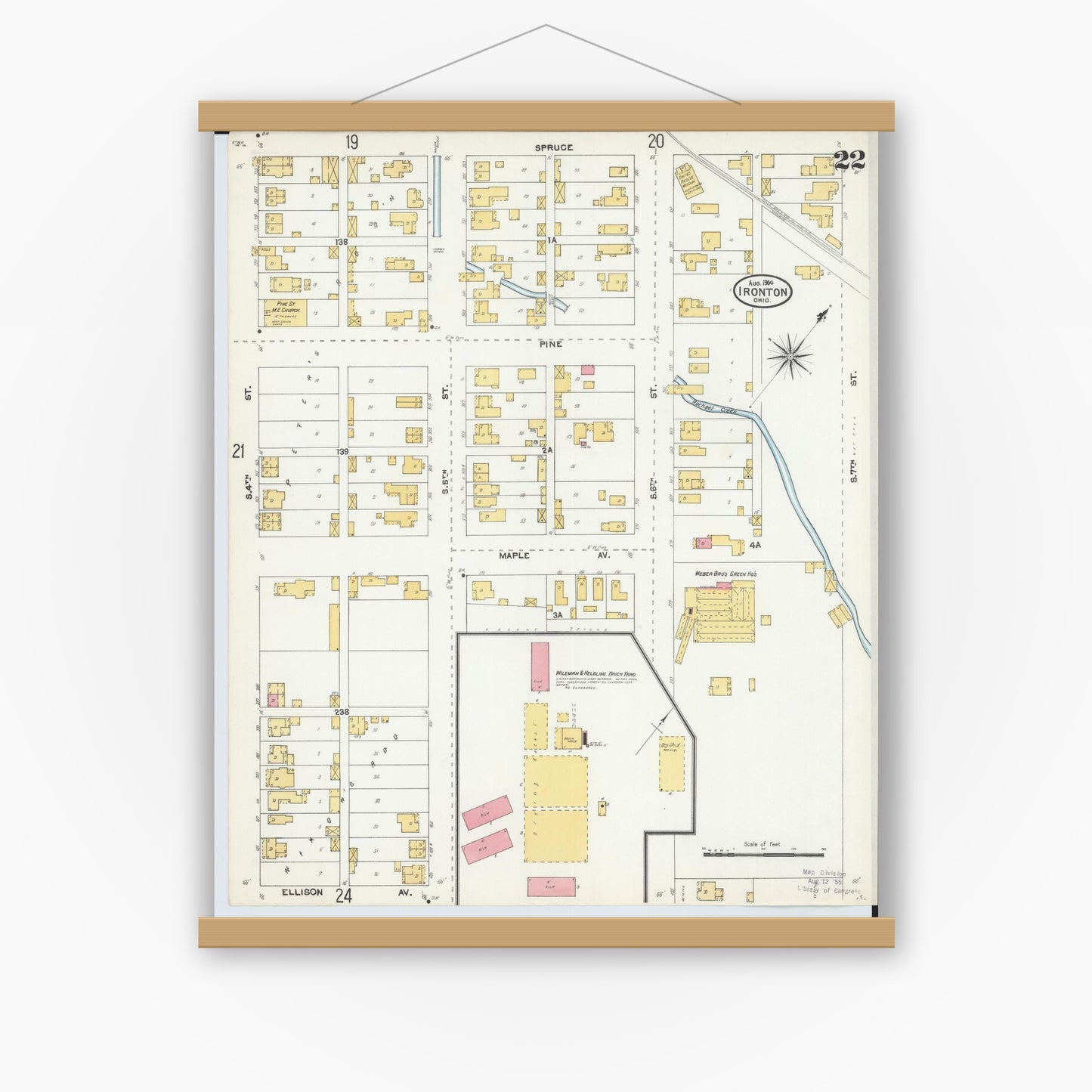 Old map wall art mockup — magnetic wood frame on white wall — Sanborn Fire Insurance Map from Ironton, Lawrence County, Ohio (1904), Sheet #0022