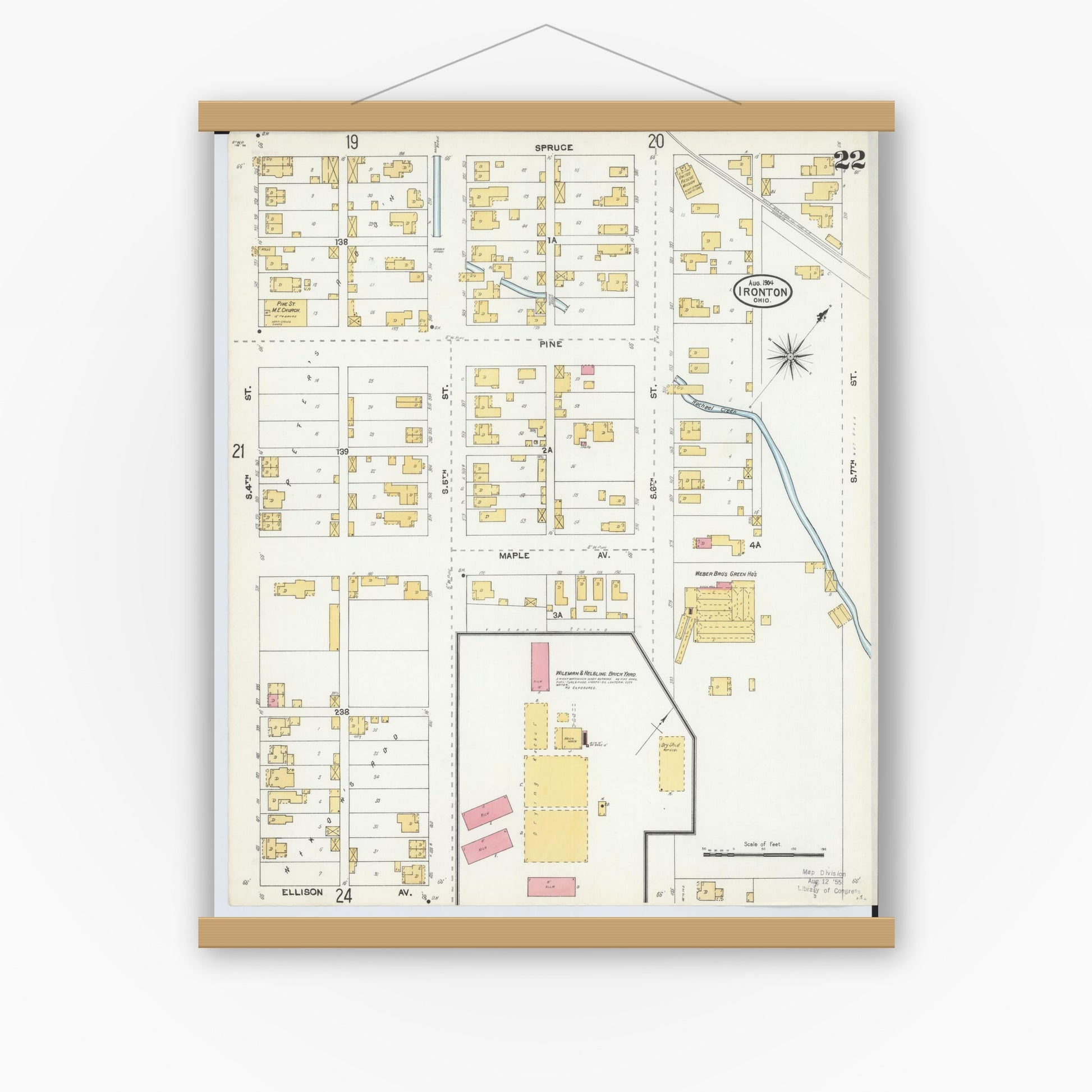 Old map wall art mockup — magnetic wood frame on white wall — Sanborn Fire Insurance Map from Ironton, Lawrence County, Ohio (1904), Sheet #0022