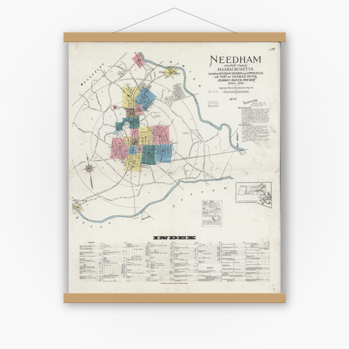 Old map wall art mockup — magnetic wood frame on white wall — Sanborn Fire Insurance Map from Needham, Norfolk County, Massachusetts (1926) - Complete Map Set