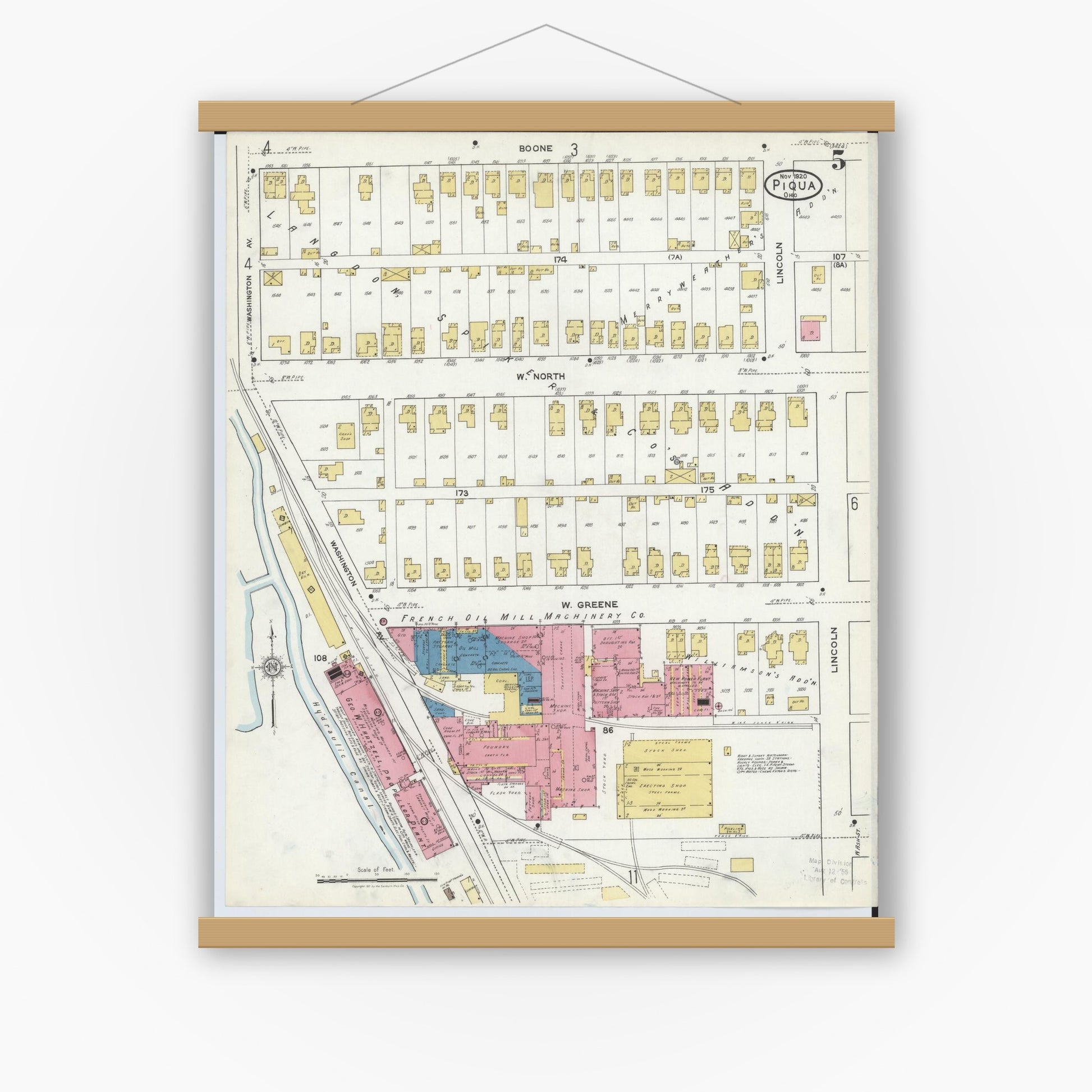 Old map wall art mockup — magnetic wood frame on white wall — Sanborn Fire Insurance Map from Piqua, Miami County, Ohio (1920), Sheet #0005