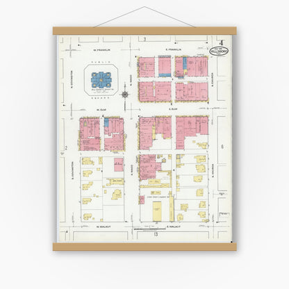 Old map wall art mockup — magnetic wood frame on white wall — Sanborn Fire Insurance Map from Hillsboro, Hill County, Texas (1918), Sheet #0004