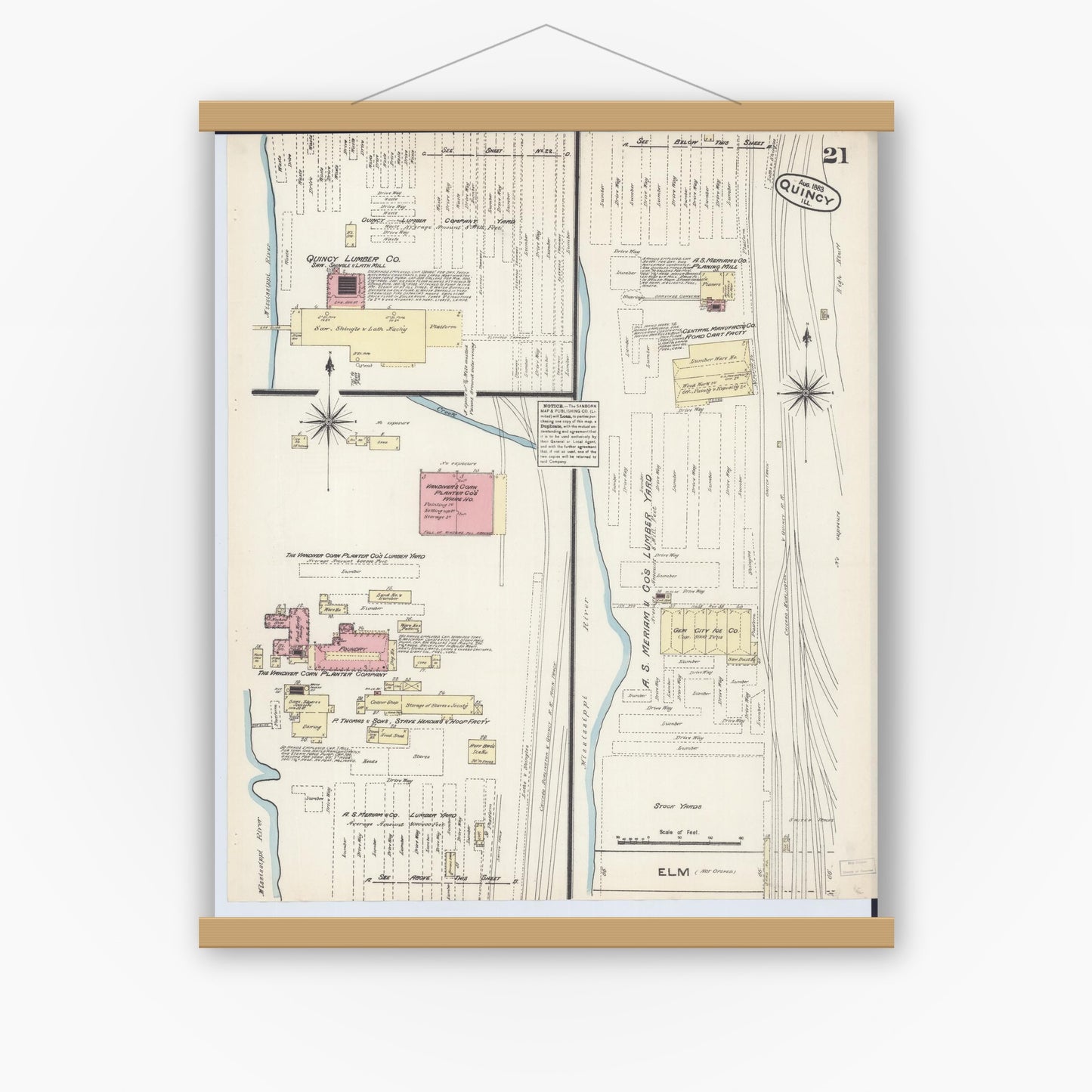 Old map wall art mockup — magnetic wood frame on white wall — Sanborn Fire Insurance Map from Quincy, Adams County, Illinois (1883), Sheet #0021
