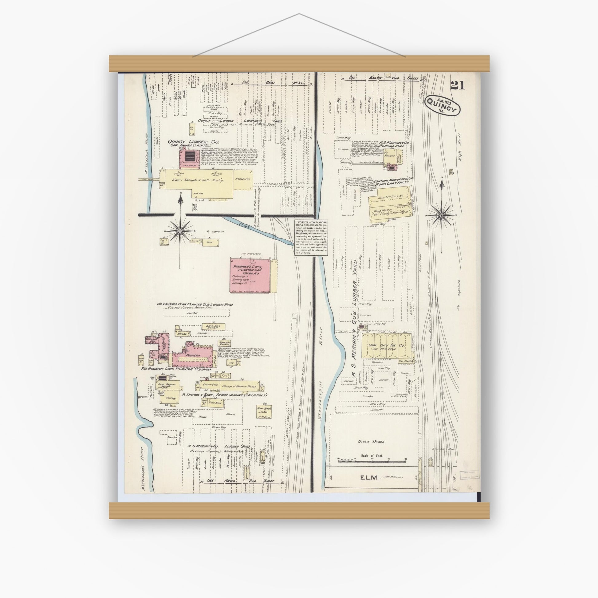 Old map wall art mockup — magnetic wood frame on white wall — Sanborn Fire Insurance Map from Quincy, Adams County, Illinois (1883), Sheet #0021