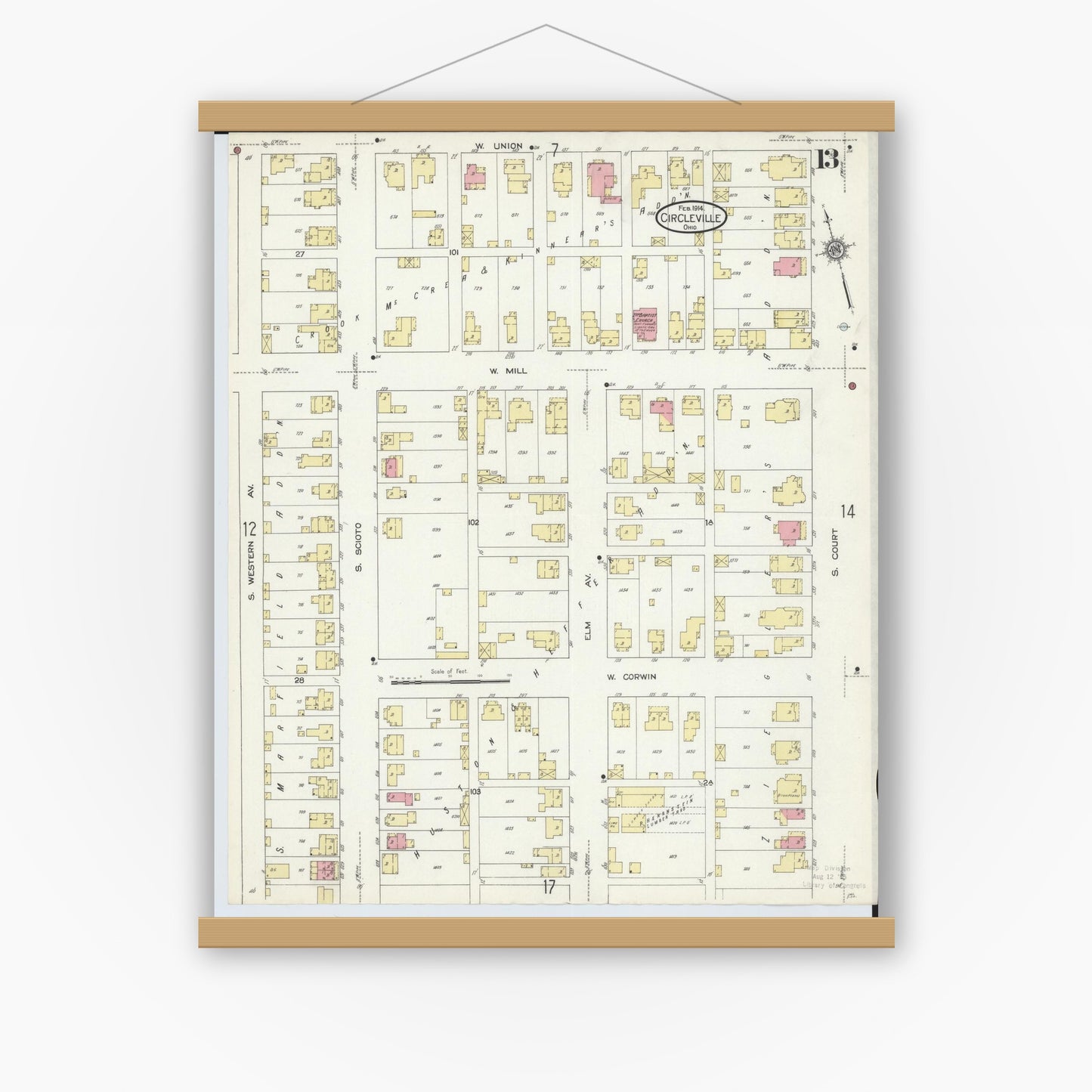 Old map wall art mockup — magnetic wood frame on white wall — Sanborn Fire Insurance Map from Circleville, Pickaway County, Ohio (1914), Sheet #0013