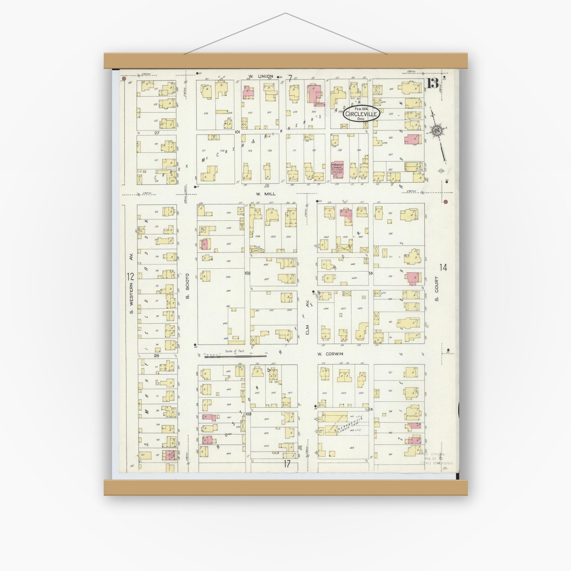 Old map wall art mockup — magnetic wood frame on white wall — Sanborn Fire Insurance Map from Circleville, Pickaway County, Ohio (1914), Sheet #0013
