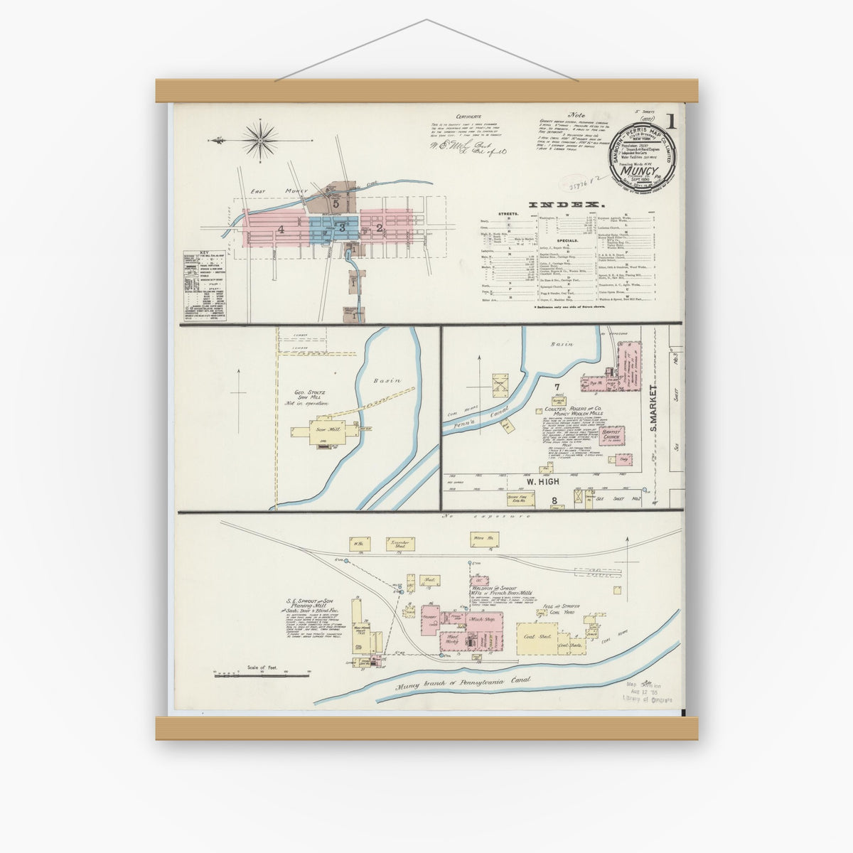 Old map wall art mockup — magnetic wood frame on white wall — Sanborn Fire Insurance Map from Muncy, Lycoming County, Pennsylvania (1890) - Complete Map Set