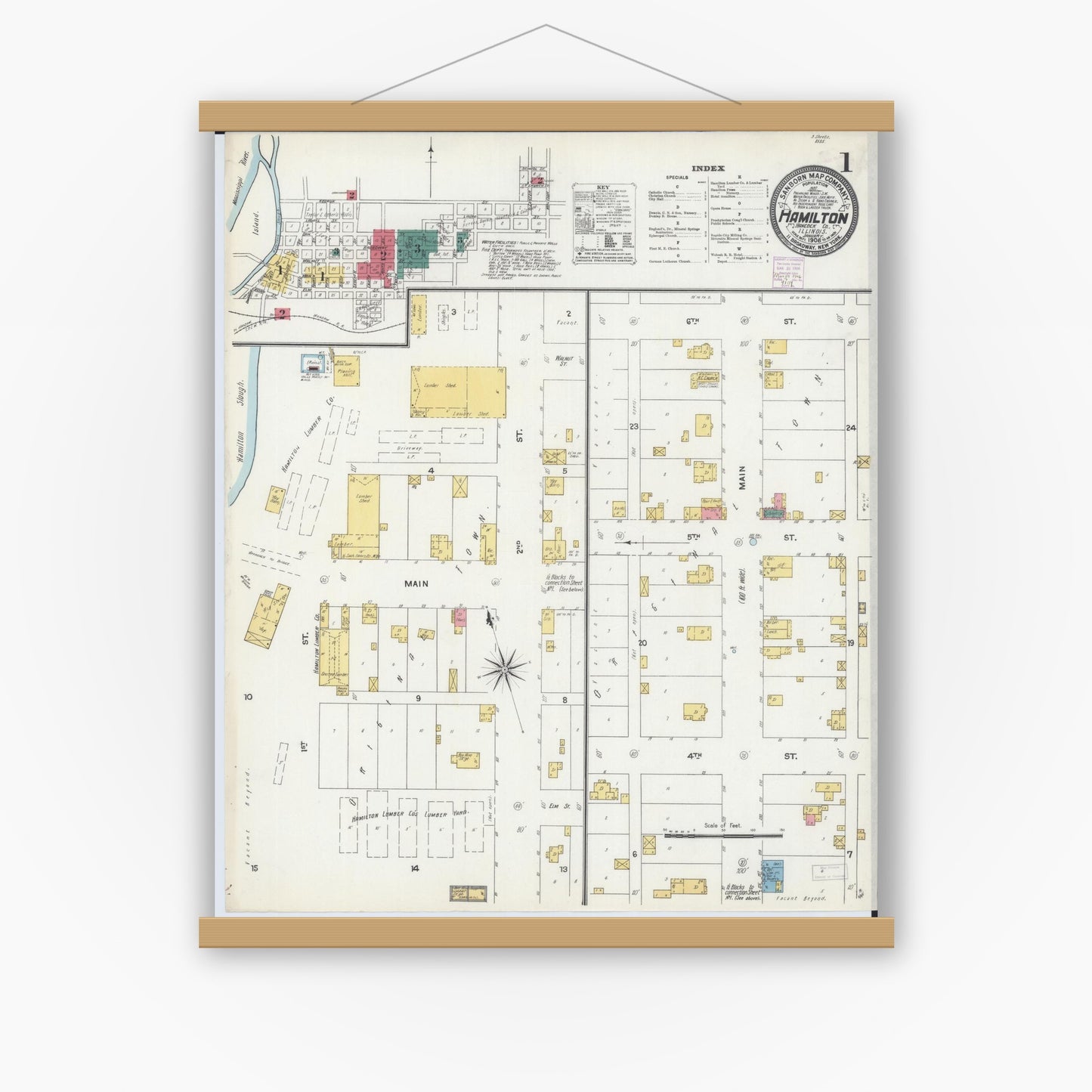 Old map wall art mockup — magnetic wood frame on white wall — Sanborn Fire Insurance Map from Hamilton, Hancock County, Illinois (1906), Sheet #0001