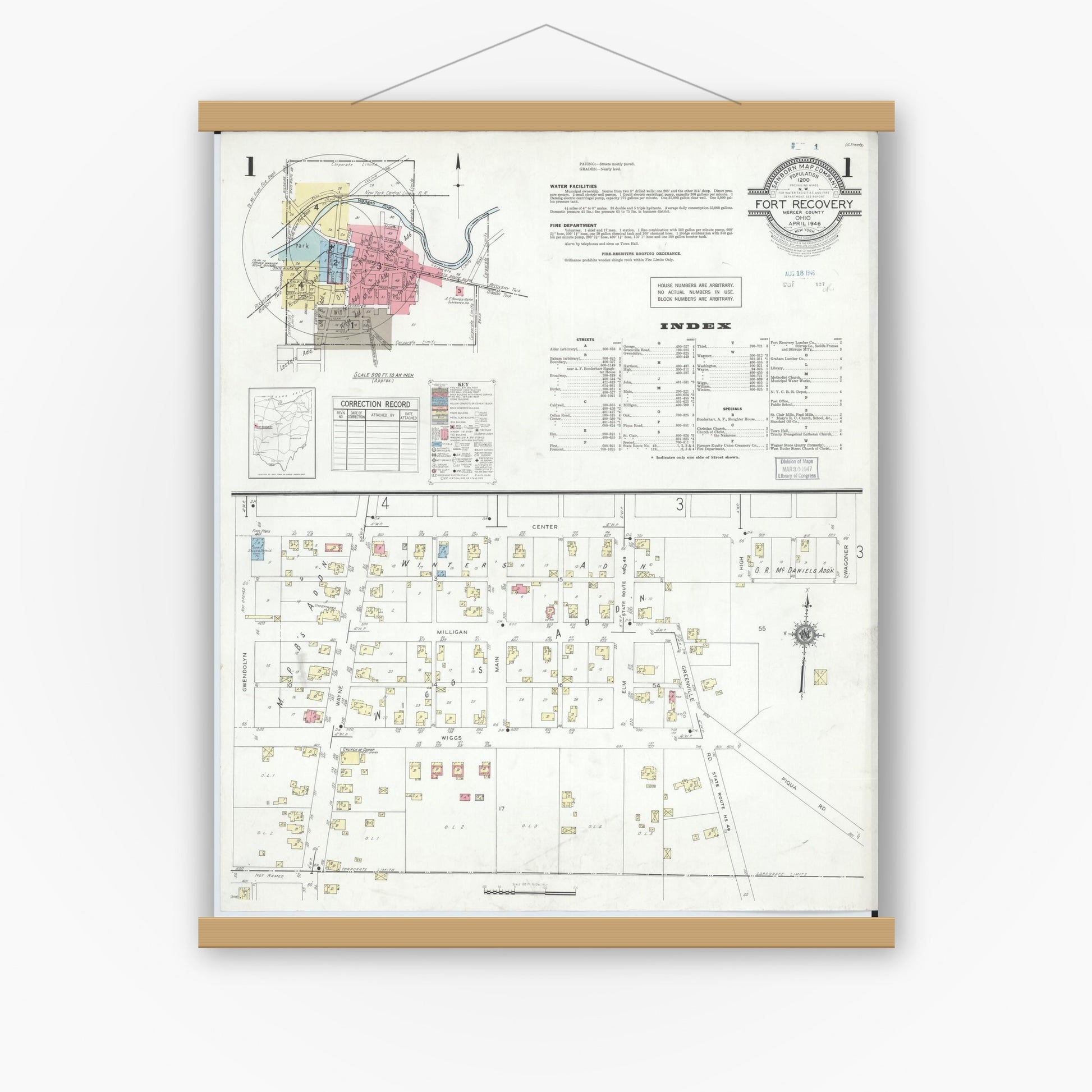 Old map wall art mockup — magnetic wood frame on white wall — Sanborn Fire Insurance Map from Fort Recovery, Mercer County, Ohio (1946) - Complete Map Set