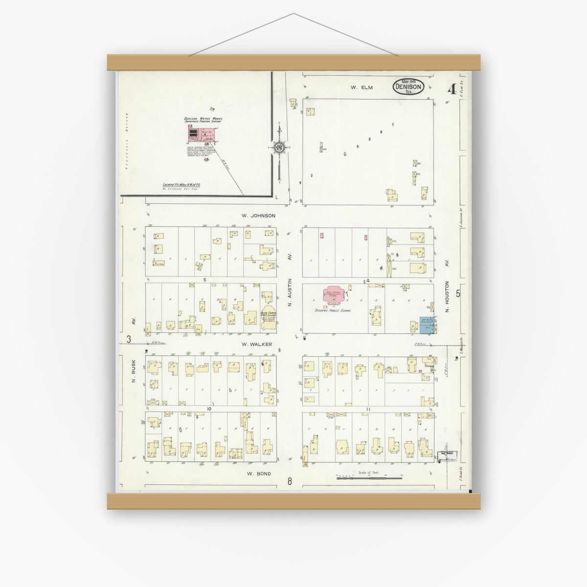 Old map wall art mockup — magnetic wood frame on white wall — Sanborn Fire Insurance Map from Denison, Grayson County, Texas (1914), Sheet #0004