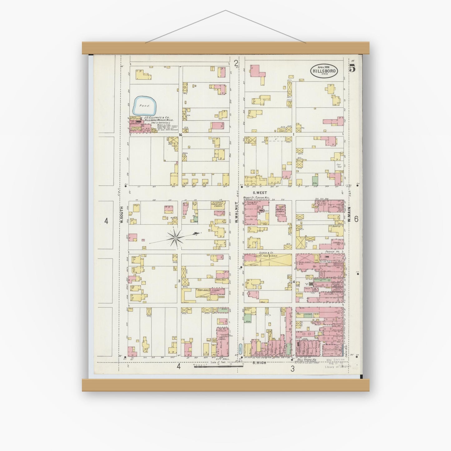 Old map wall art mockup — magnetic wood frame on white wall — Sanborn Fire Insurance Map from Hillsboro, Highland County, Ohio (1898), Sheet #0005