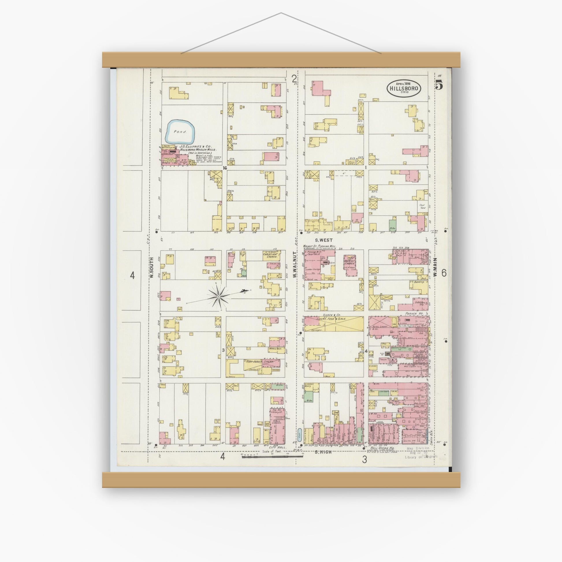 Old map wall art mockup — magnetic wood frame on white wall — Sanborn Fire Insurance Map from Hillsboro, Highland County, Ohio (1898), Sheet #0005