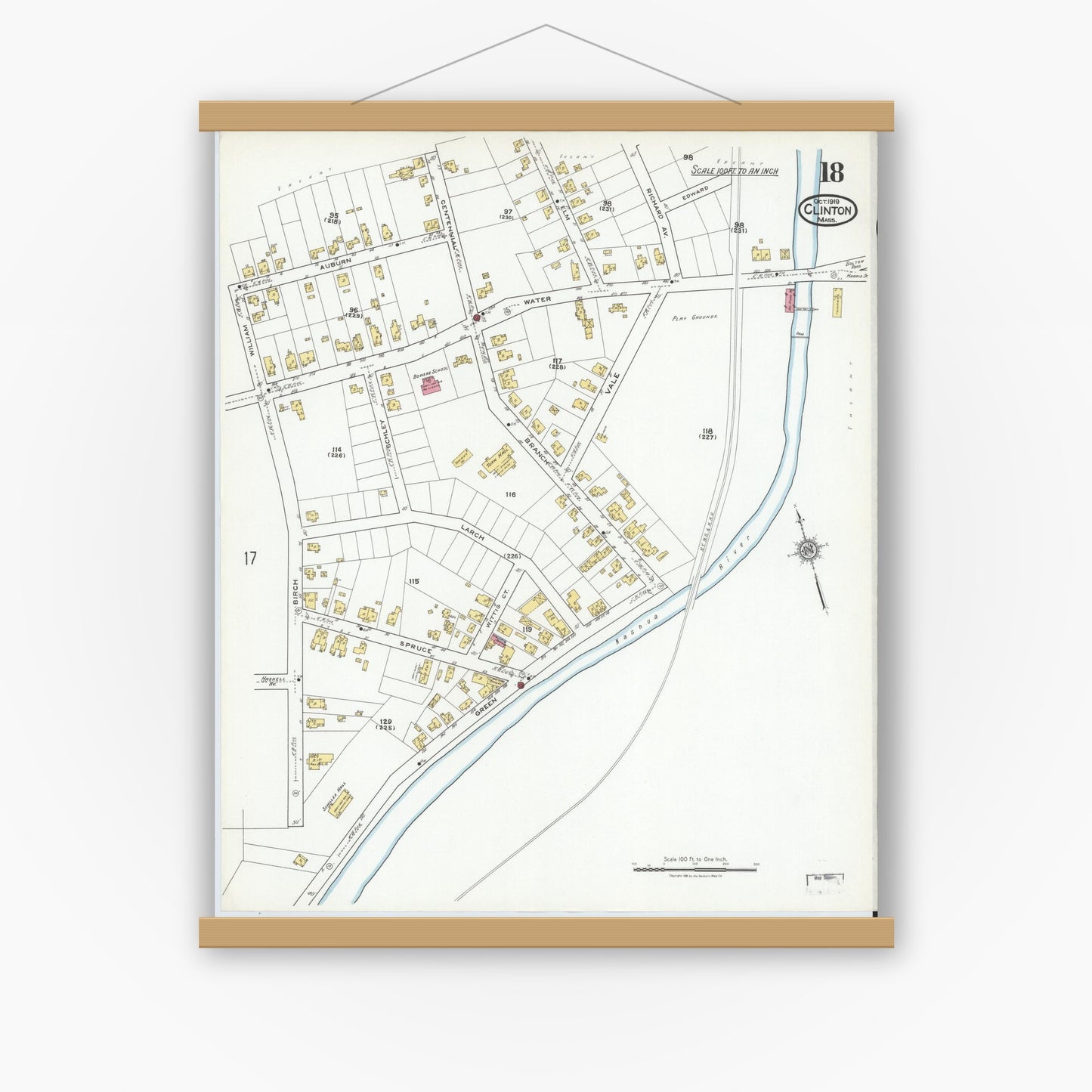 Old map wall art mockup — magnetic wood frame on white wall — Sanborn Fire Insurance Map from Clinton, Worcester County, Massachusetts (1919), Sheet #0018