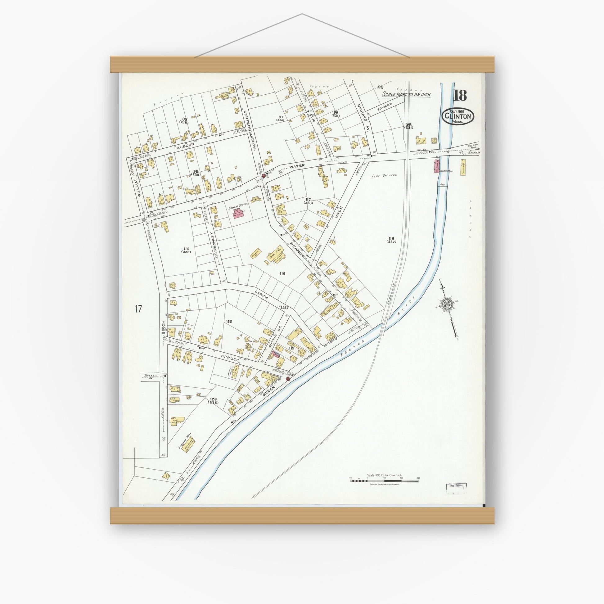 Old map wall art mockup — magnetic wood frame on white wall — Sanborn Fire Insurance Map from Clinton, Worcester County, Massachusetts (1919), Sheet #0018
