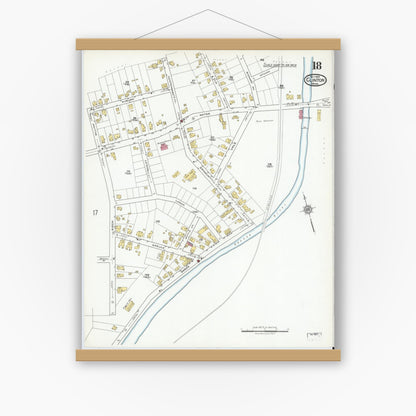 Old map wall art mockup — magnetic wood frame on white wall — Sanborn Fire Insurance Map from Clinton, Worcester County, Massachusetts (1919), Sheet #0018
