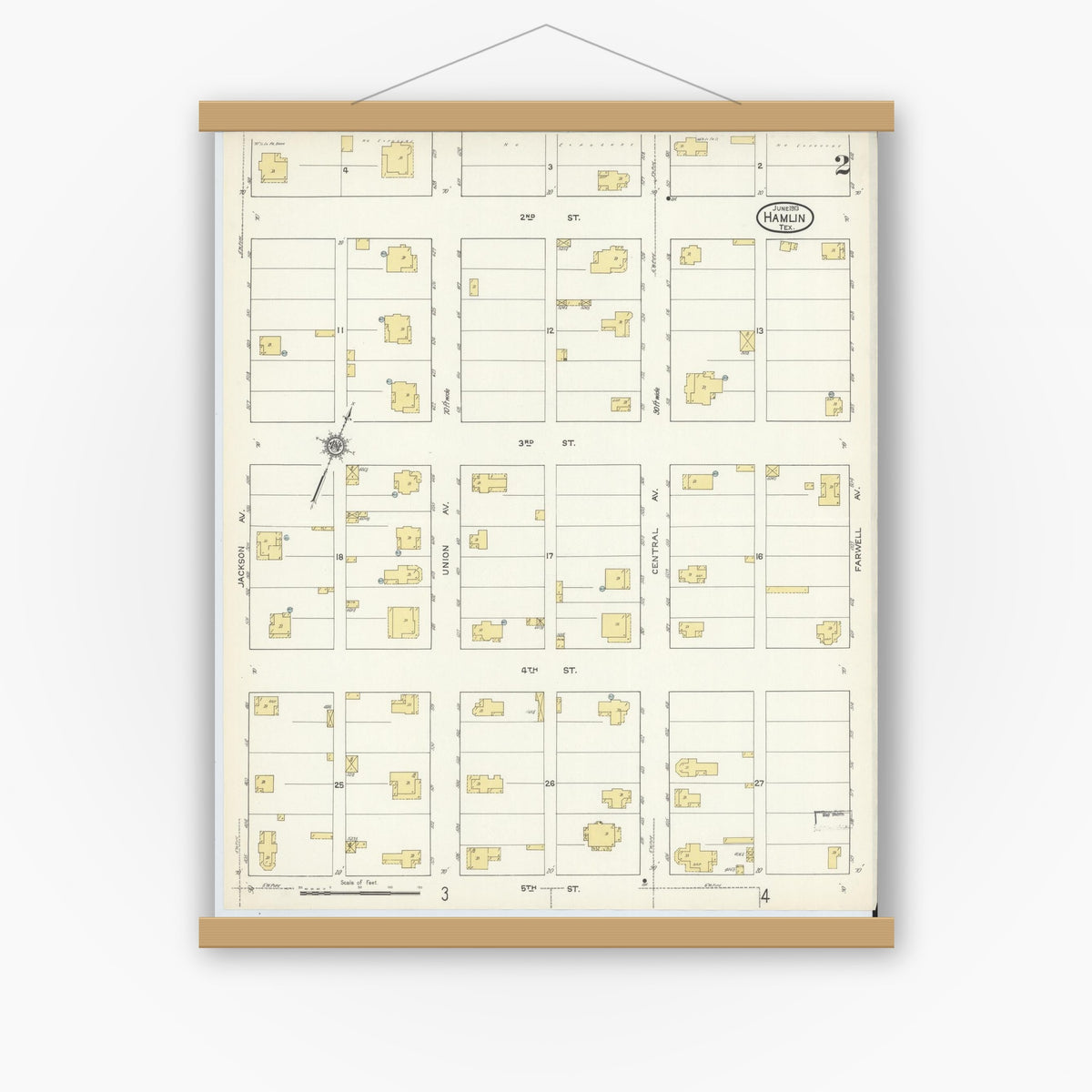 Old map wall art mockup — magnetic wood frame on white wall — Sanborn Fire Insurance Map from Hamlin, Jones County, Texas (1913), Sheet #0002