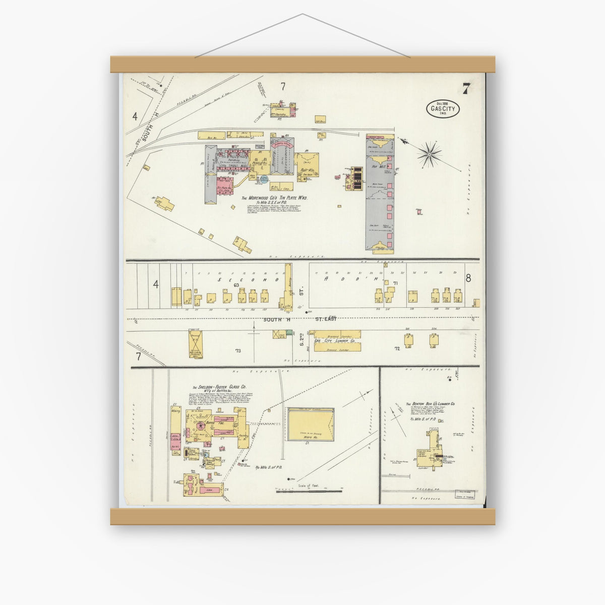 Old map wall art mockup — magnetic wood frame on white wall — Sanborn Fire Insurance Map from Gas City, Grant County, Indiana (1898), Sheet #0007
