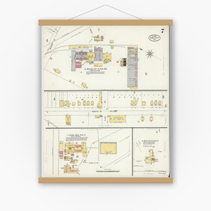 Old map wall art mockup — magnetic wood frame on white wall — Sanborn Fire Insurance Map from Gas City, Grant County, Indiana (1898), Sheet #0007