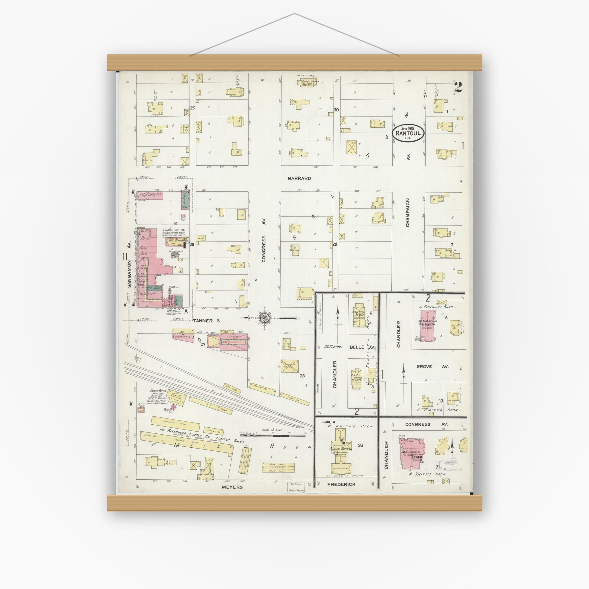 Old map wall art mockup — magnetic wood frame on white wall — Sanborn Fire Insurance Map from Rantoul, Champaign County, Illinois (1910), Sheet #0002