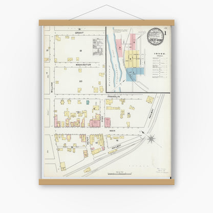 Old map wall art mockup — magnetic wood frame on white wall — Sanborn Fire Insurance Map from Great Bend, Susquehanna County, Pennsylvania (1892), Sheet #0001