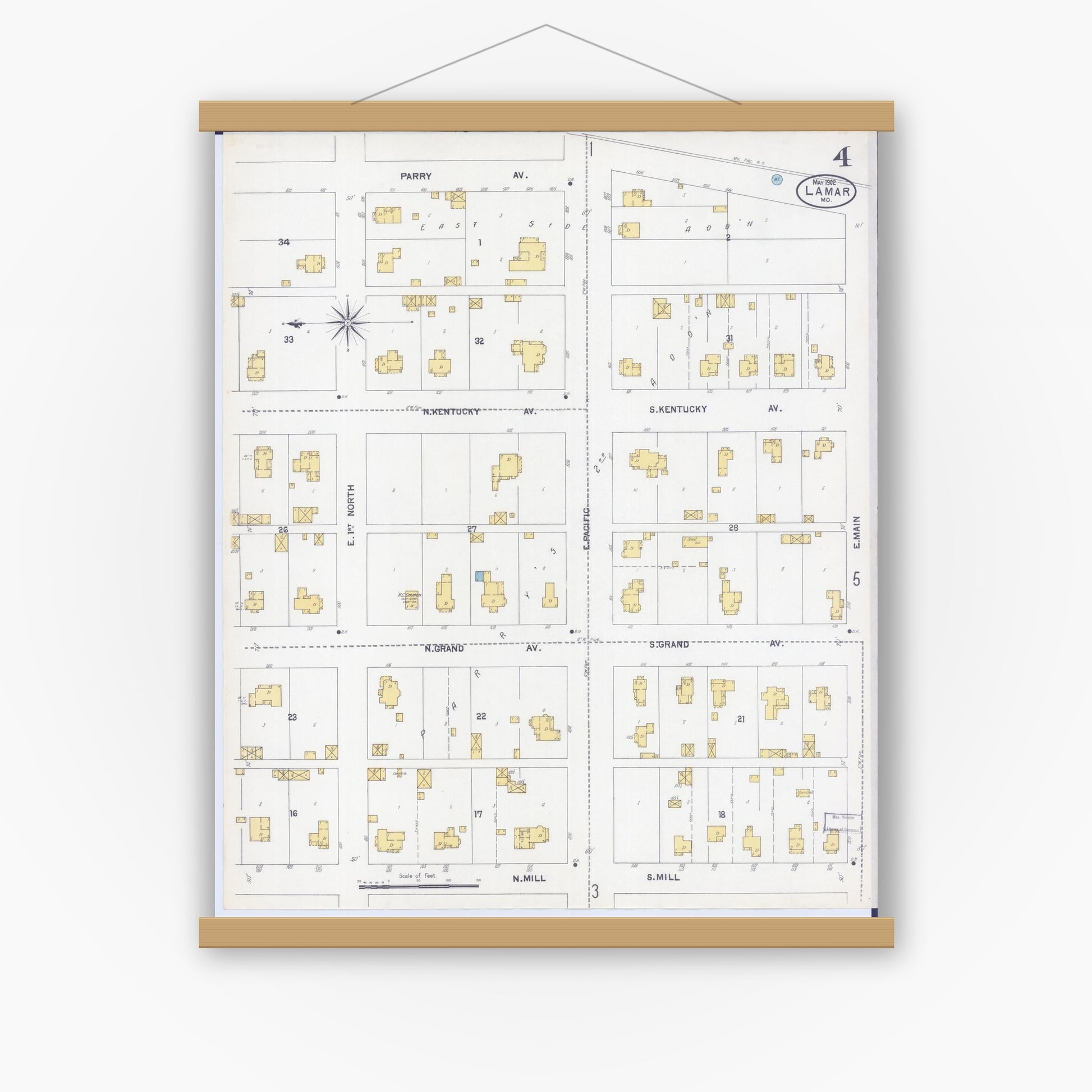 Old map wall art mockup — magnetic wood frame on white wall — Sanborn Fire Insurance Map from Lamar, Barton County, Missouri (1902), Sheet #0004