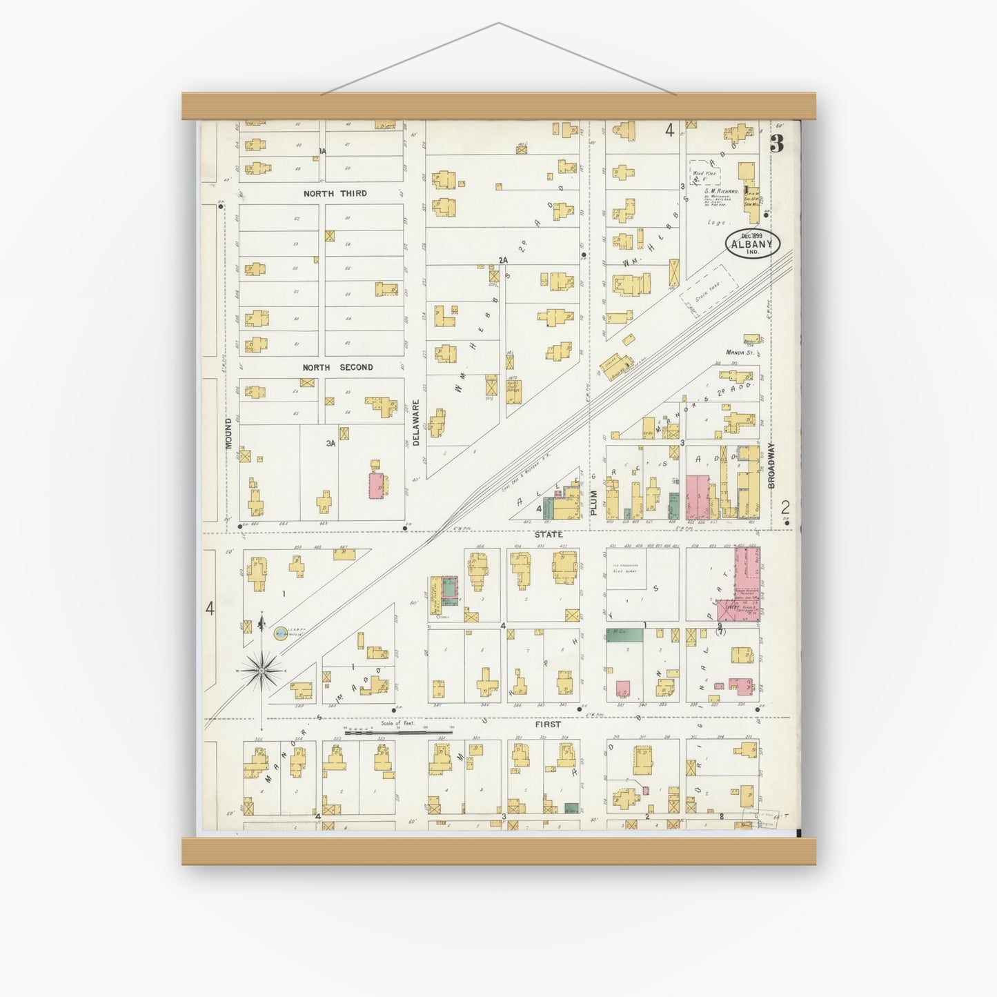 Old map wall art mockup — magnetic wood frame on white wall — Sanborn Fire Insurance Map from Albany, Delaware County, Indiana (1899), Sheet #0003