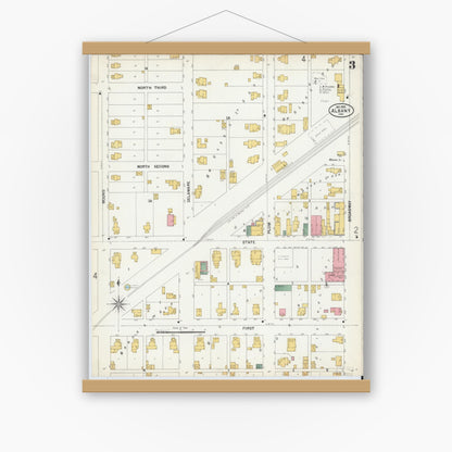 Old map wall art mockup — magnetic wood frame on white wall — Sanborn Fire Insurance Map from Albany, Delaware County, Indiana (1899), Sheet #0003