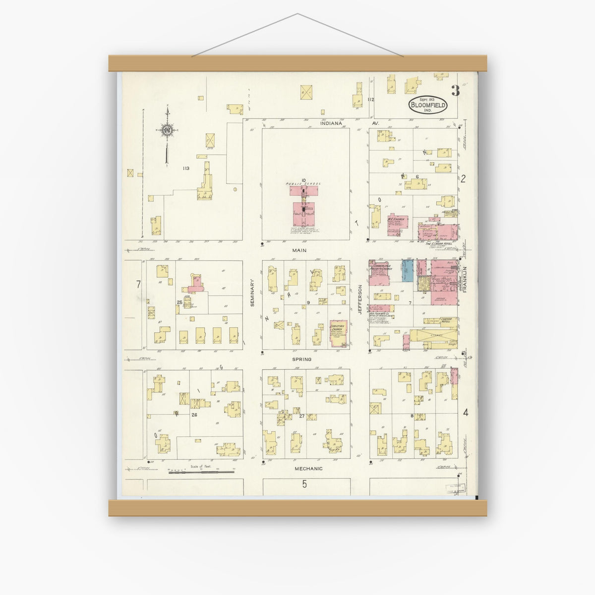 Old map wall art mockup — magnetic wood frame on white wall — Sanborn Fire Insurance Map from Bloomfield, Greene County, Indiana (1913), Sheet #0003