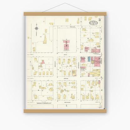 Old map wall art mockup — magnetic wood frame on white wall — Sanborn Fire Insurance Map from Bloomfield, Greene County, Indiana (1913), Sheet #0003