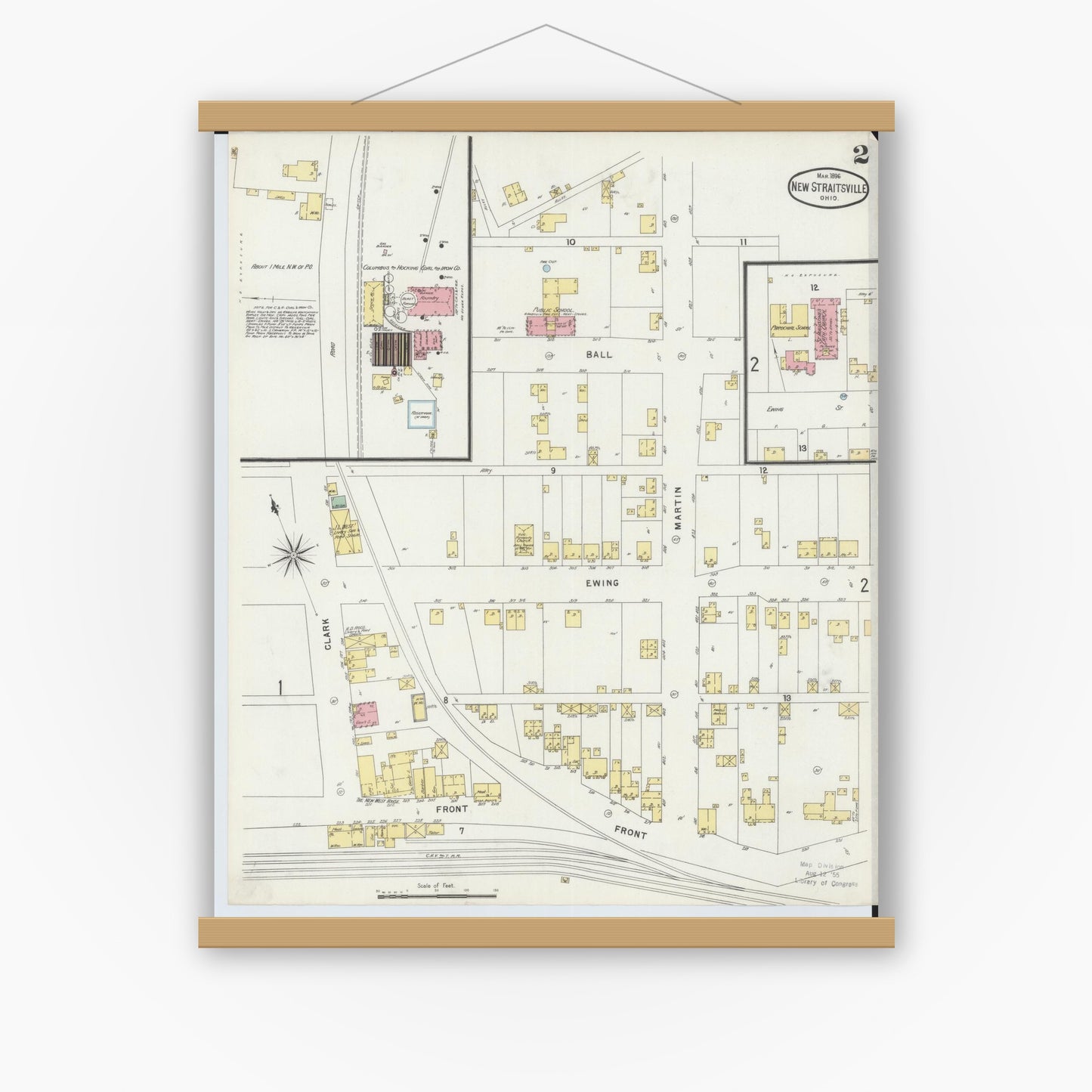 Old map wall art mockup — magnetic wood frame on white wall — Sanborn Fire Insurance Map from New Straitsville, Perry County, Ohio (1896), Sheet #0002