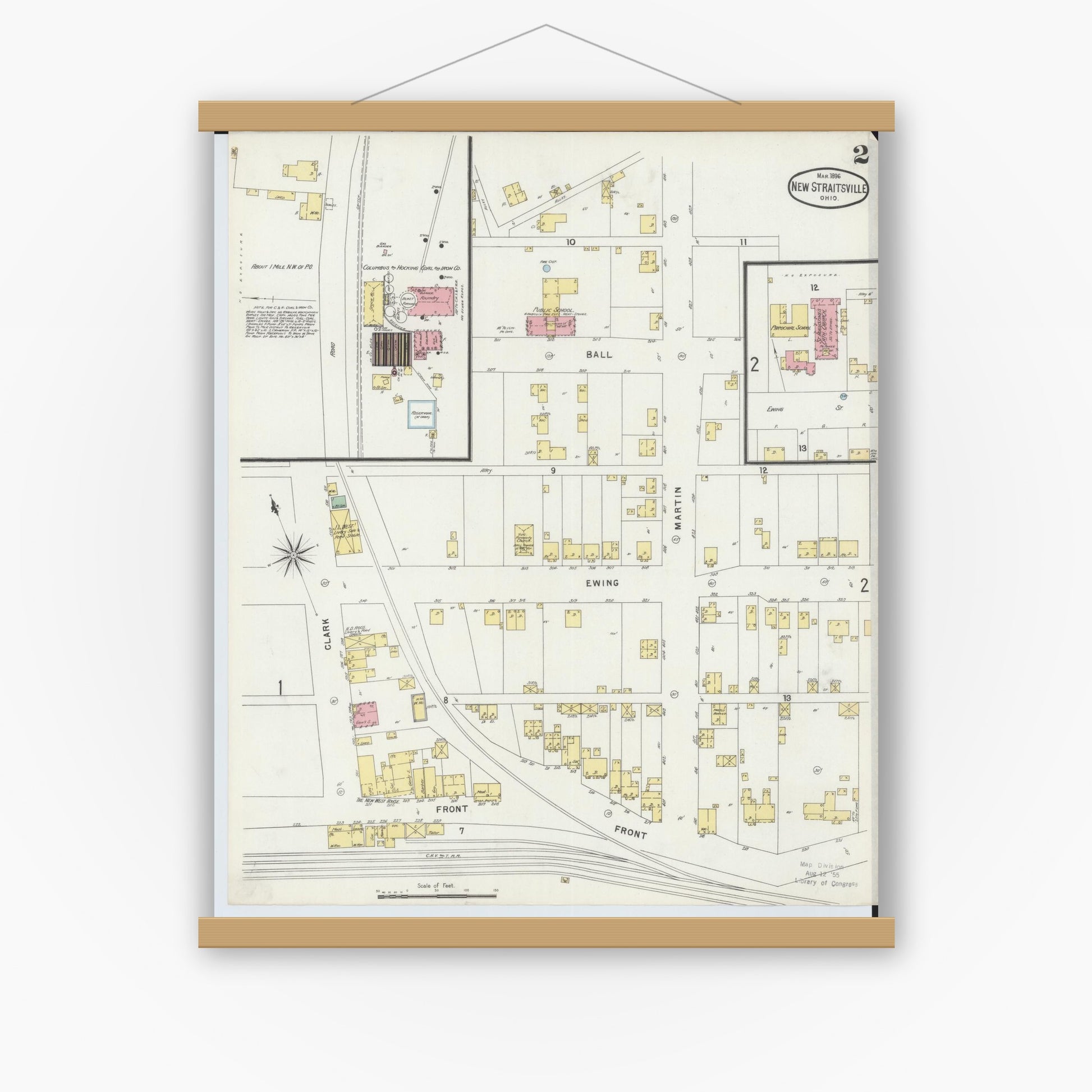 Old map wall art mockup — magnetic wood frame on white wall — Sanborn Fire Insurance Map from New Straitsville, Perry County, Ohio (1896), Sheet #0002
