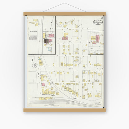 Old map wall art mockup — magnetic wood frame on white wall — Sanborn Fire Insurance Map from New Straitsville, Perry County, Ohio (1896), Sheet #0002