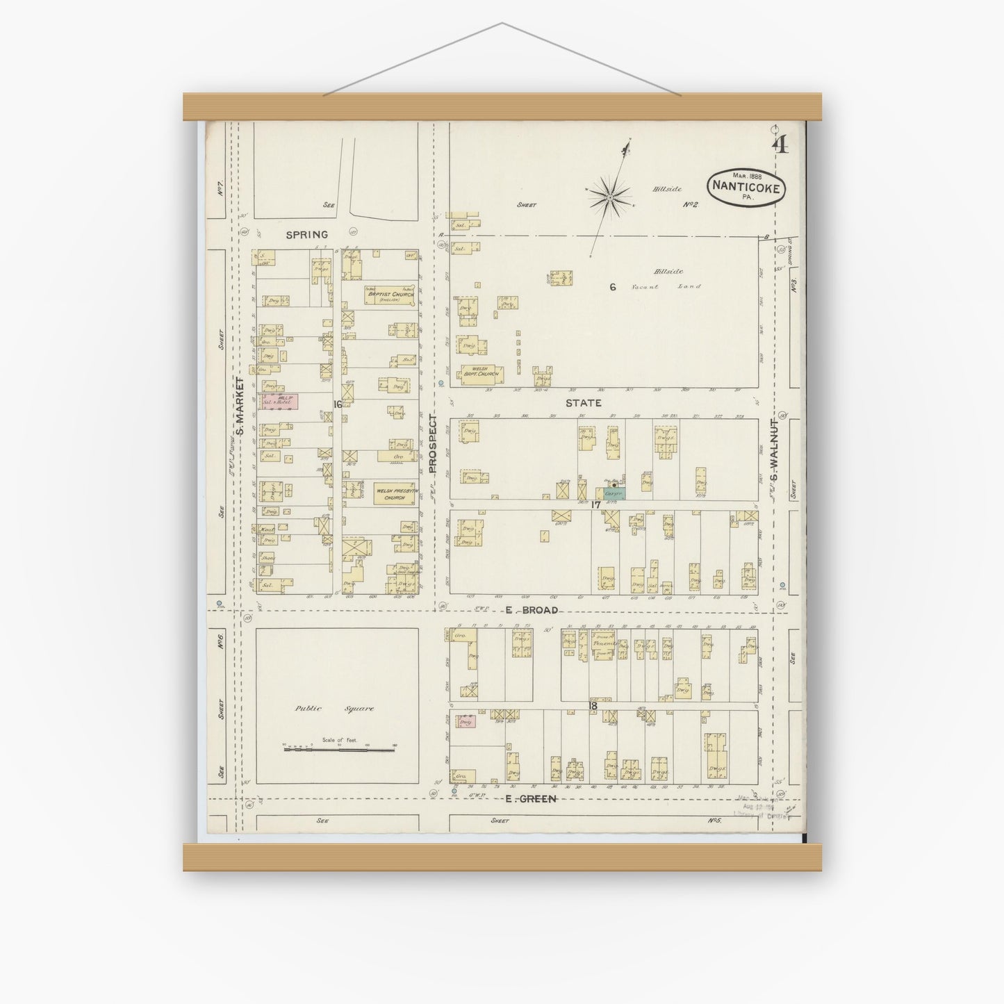 Old map wall art mockup — magnetic wood frame on white wall — Sanborn Fire Insurance Map from Nanticoke, Luzerne County, Pennsylvania (1888), Sheet #0004