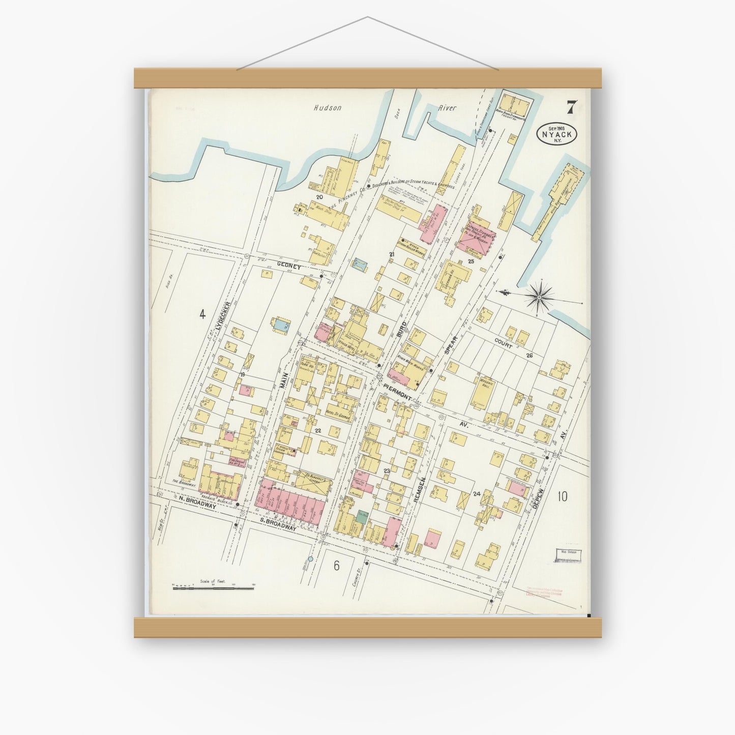 Old map wall art mockup — magnetic wood frame on white wall — Sanborn Fire Insurance Map from Nyack, Rockland County, New York. (1903), Sheet #0007