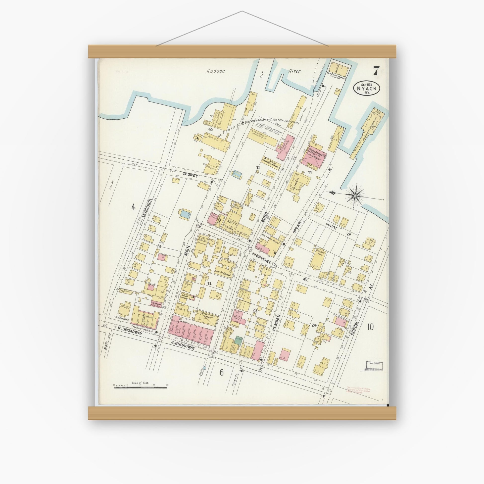 Old map wall art mockup — magnetic wood frame on white wall — Sanborn Fire Insurance Map from Nyack, Rockland County, New York. (1903), Sheet #0007