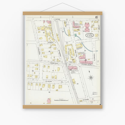 Old map wall art mockup — magnetic wood frame on white wall — Sanborn Fire Insurance Map from Nyack, Rockland County, New York. (1892), Sheet #0008